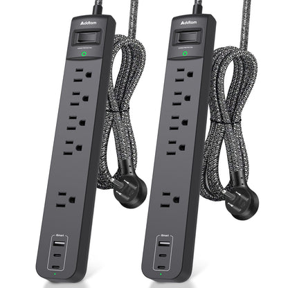 2 Pack Power Strip Surge Protector - 5 Widely Spaced Outlets 3 USB Charging Ports, 1875W/15A 6Ft Braided Extension Cord, Flat Plug Overload Protection, Wall Mount for Home Office Dorm Room Essentials