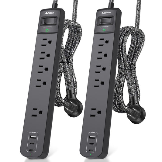 2 Pack Power Strip Surge Protector - 5 Widely Spaced Outlets 3 USB Charging Ports, 1875W/15A 6Ft Braided Extension Cord, Flat Plug Overload Protection, Wall Mount for Home Office Dorm Room Essentials