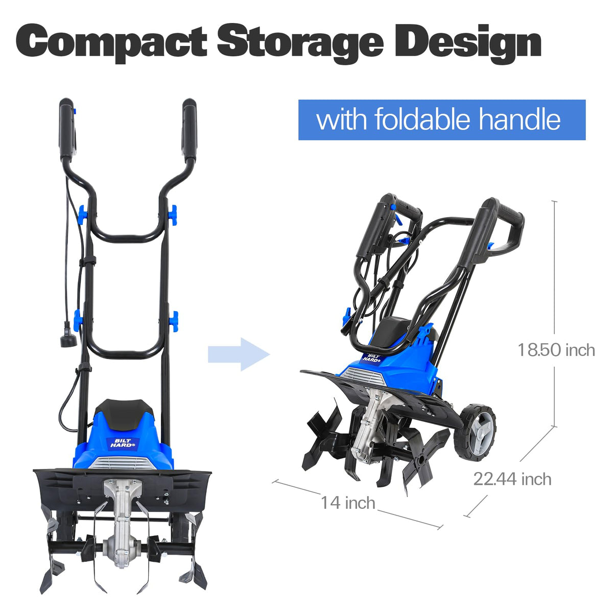 BILT HARD Electric Tiller Cultivator 14 inch, 10 Amp 4 Steel Tines Corded Tiller for Gardening with Foldable Handle, Portable Garden Rototiller with Adjustable Wheels