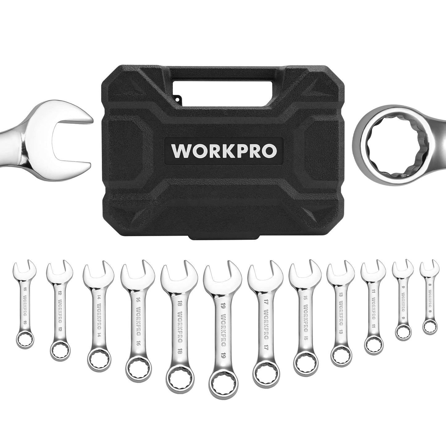WORKPRO 12-piece Stubby Wrench Set, Metric 8-19mm, Cr-V Steel, Small Combination Wrenches Set with Premium Storage Case