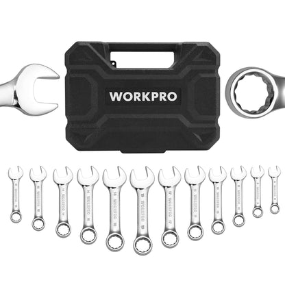 WORKPRO 12-piece Stubby Wrench Set, Metric 8-19mm, Cr-V Steel, Small Combination Wrenches Set with Premium Storage Case