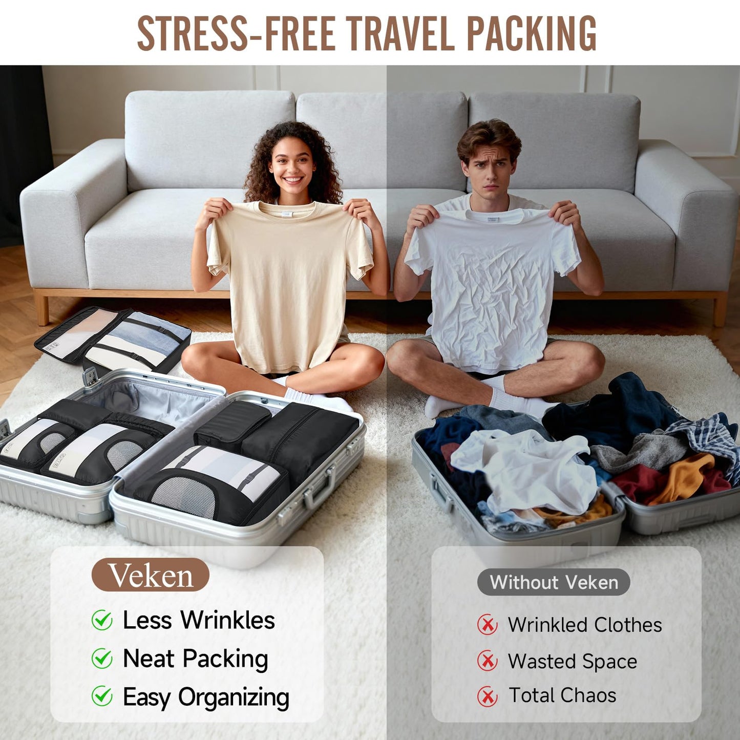 Veken 10 Set/8 Set Packing Cubes for Travel Essentials, Suitcase Organizer Bags in 4 Sizes, Carry-On Luggage Accessories with Laundry & Toiletry Bag, Airplane Must-Have, Road Trip & Camp Gifts for Men