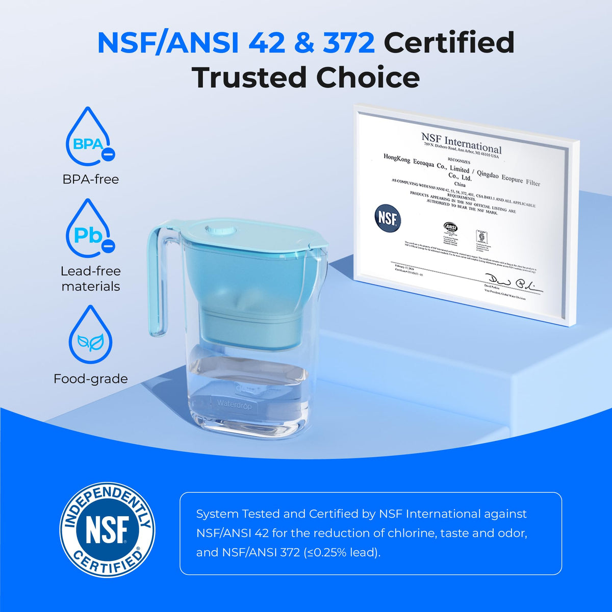 Waterdrop Water Filter Pitcher, 200-Gallon Long-Life, Countertop NSF Certified Water Purifier, Replaces 6,400 Plastic Water Bottles a Year, Reduces Chlorine, PFOA/PFOS, 7-Cup, Blue