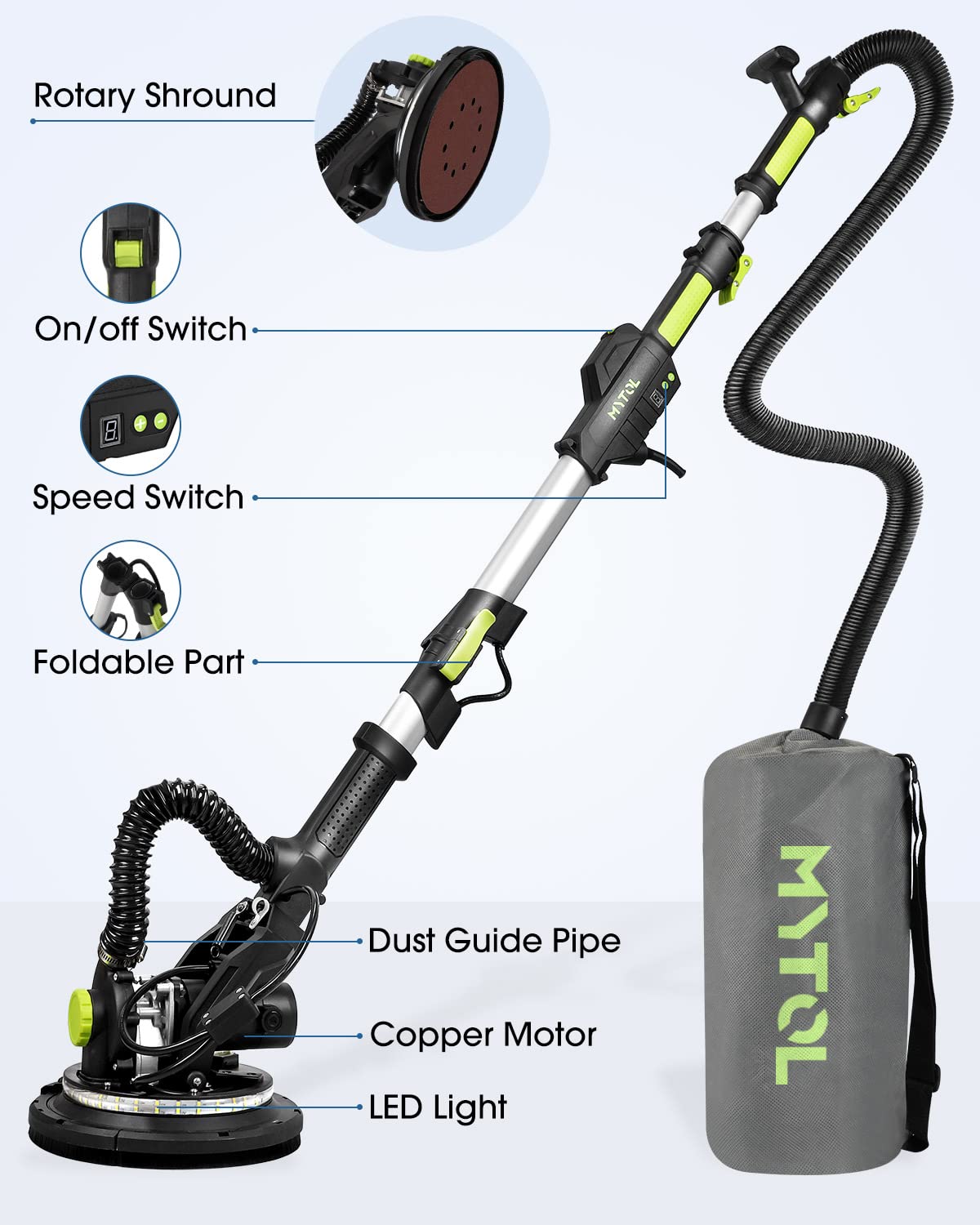 MYTOL Drywall Sander, 7.2A Electric Drywall Sander with Vacuum Dust Collection, LED Light, 6 Variable Speed Digital Display 900-1800RPM, Foldable & Extendable Handle, 9 Sanding Discs&3 Grid Sandpaper