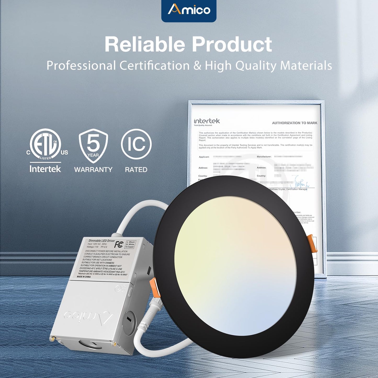 Amico 12 Pack 6 Inch 5CCT Ultra-Thin LED Recessed Ceiling Light with J-Box, 2700K/3000K/3500K/4000K/5000K Selectable, 12W Eqv 110W, Dimmable Canless Downlight, 1050LM High Brightness, Black - ETL