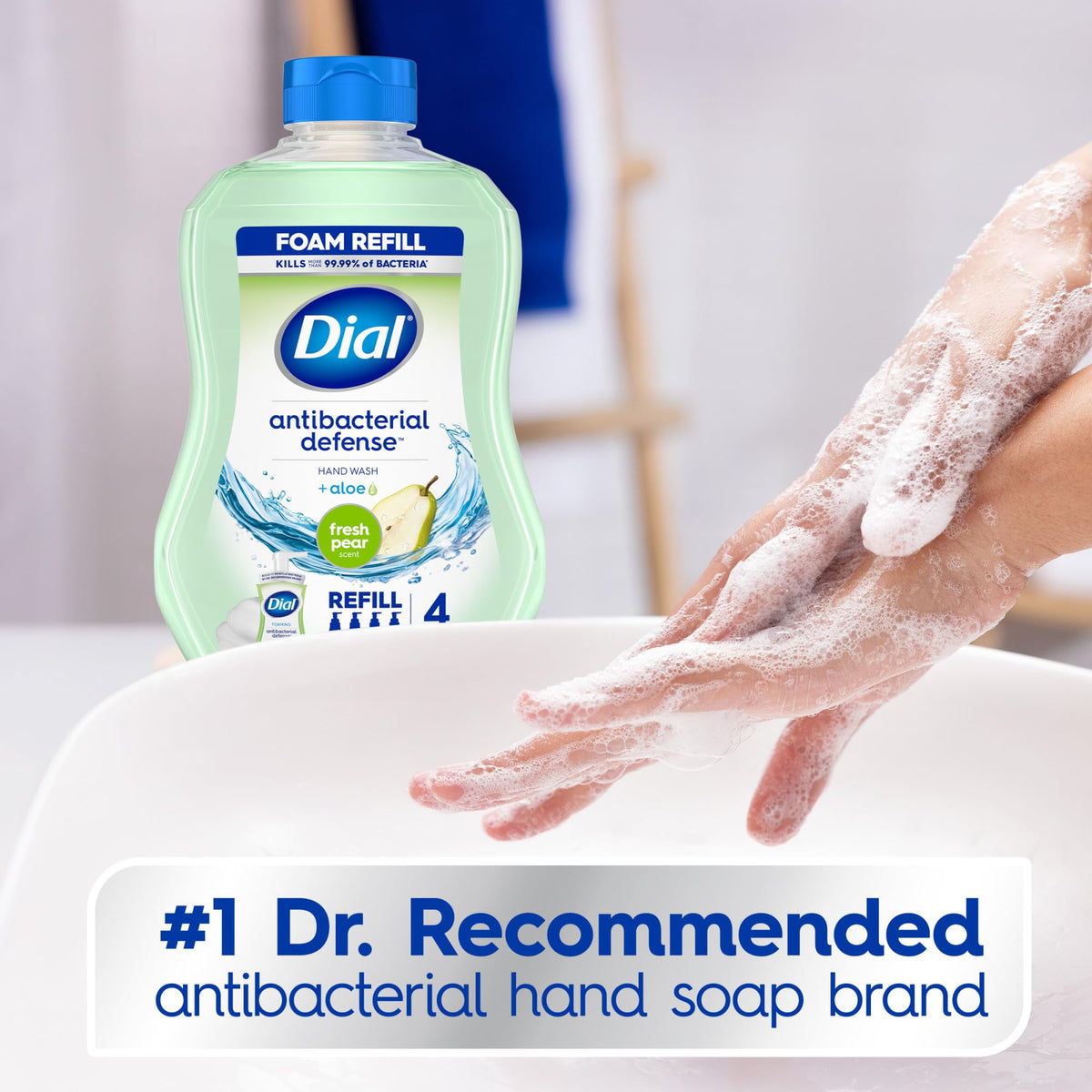 Dial Antibacterial Defense Foaming Hand Soap + Aloe, Fresh Pear Scent, 30 Fl Oz Hand Soap Refill (Pack of 4), Dermatologist-Tested, Gentle on Skin