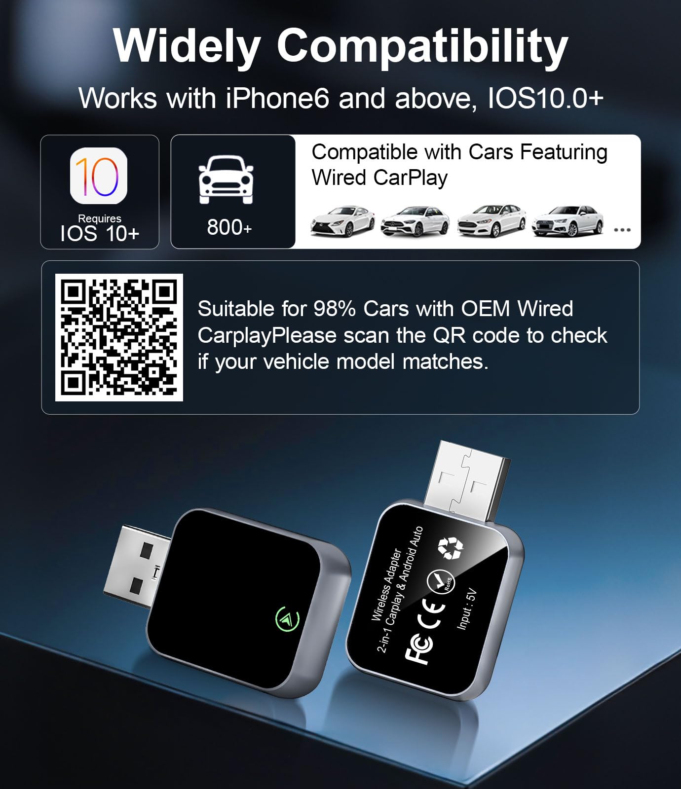 Enhanlife 2026 Wireless CarPlay Adapter for iPhone - 5s Auto-Connect, No Audio Lag - Convert Factory Wired to Wireless CarPlay - Bluetooth 5.3 & 5GHz Wi-Fi - Plug & Play (Includes USB A/C)