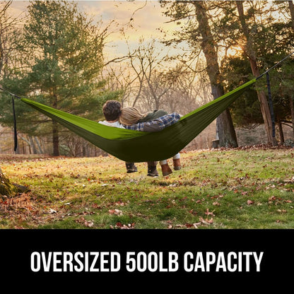 GORILLA GRIP Durable Camping Hammock with Heavy Duty Tree Straps, Portable Hammocks for Outside, Easy to Use Travel Swing Chair, Outdoor Camper Hiker Essentials, Backpacking Gear Gifts, Double, Green