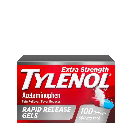 Tylenol Extra Strength Acetaminophen Rapid Release Gels, Pain Reliever & Fever Reducer, Gelcaps with Laser-Drilled Holes for Fast Release, Gentle on Stomach, 500 mg Per Gelcap, 100 Count OTC Medicine
