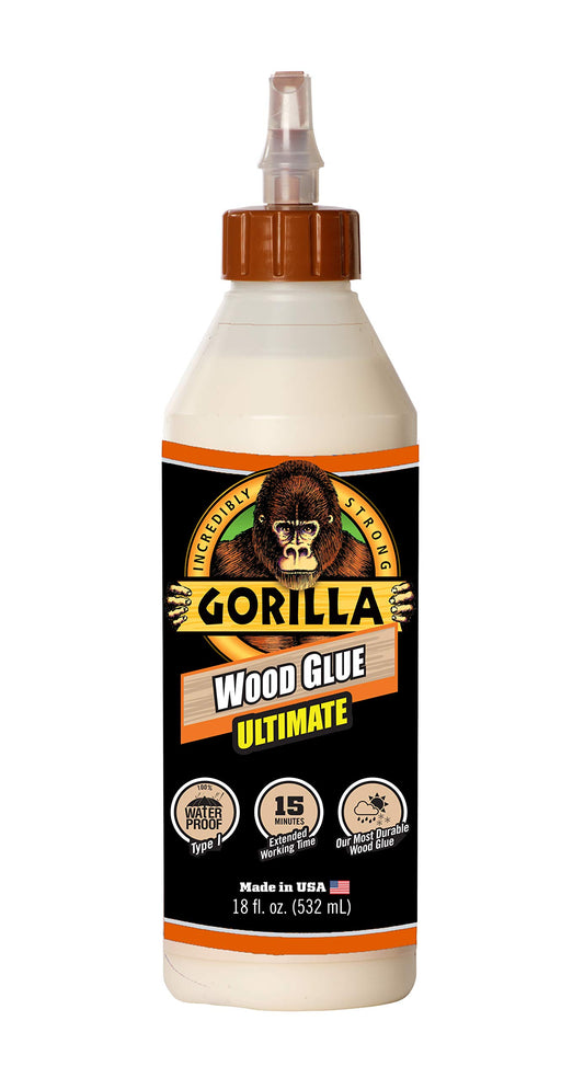 Gorilla Ultimate Waterproof Wood Glue, Natural Wood Color, 18 Ounce (Pack of 1) - Waterproof for Indoor or Outdoor Projects and Repairs