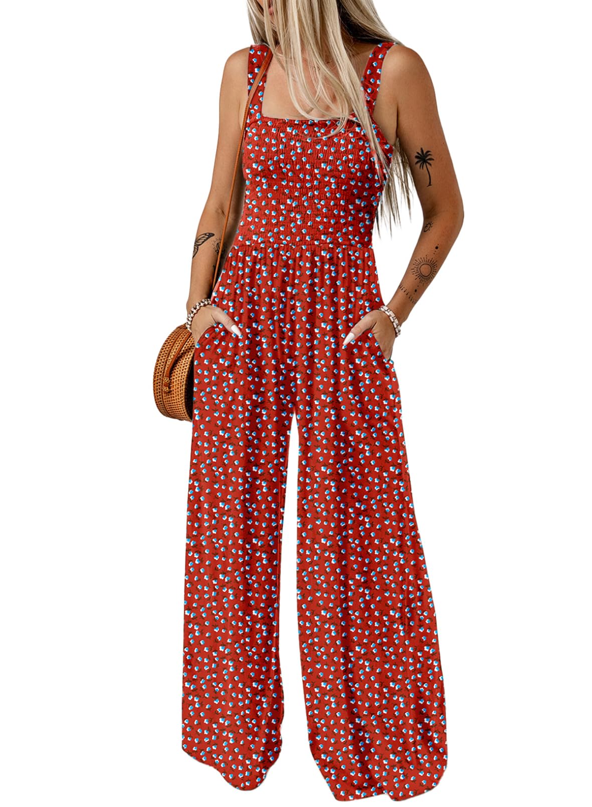 Dokotoo Womens Plus Size Red Jumpsuits for Women Overalls Loose Casual Wide Leg One Piece Sleeveless Printed Jumpsuit Long Pant Rompers with Pockets 2025 Fashion XXL