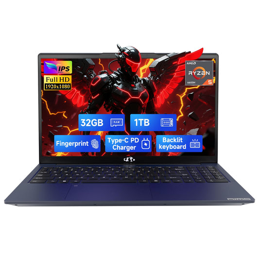 NIMO 15.6" IPS FHD-Gaming-Laptop, 6 Cores AMD Ryzen 5 6600H 32GB DDR5 RAM 1TB SSD (Beat i7-1165G7 up to 4.5GHz) 660M 6nm GPU-Computer with 100W Type-C Backlit Keyboard, Fingerprint
