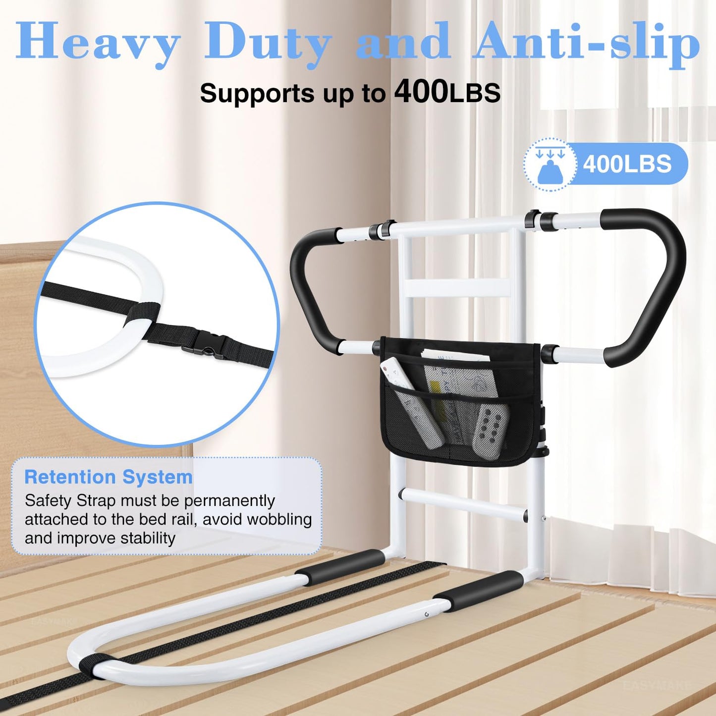 easymake Bed Rails for Elderly Adults Safety: Adjustable Bedside Assist Rails with Storage Pockets, Non-Slip Handles, Motion Sensor Light, Items for Elderly Bed Rail, 400LB Gravity Capacity