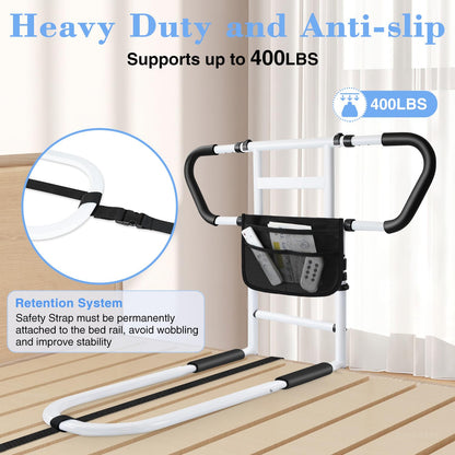 easymake Bed Rails for Elderly Adults Safety: Adjustable Bedside Assist Rails with Storage Pockets, Non-Slip Handles, Motion Sensor Light, Items for Elderly Bed Rail, 400LB Gravity Capacity