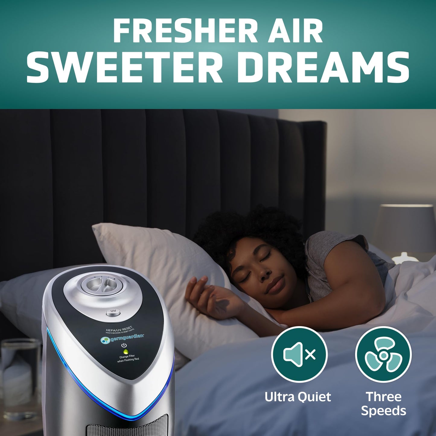 GermGuardian 4-In-1 HEPA Air Purifier for Home, Large Rooms Up To 743 Sq. Ft. with HEPA Air Filter, UC-V Light & Odor Reduction, AC4825E, 22" Tower, Gray