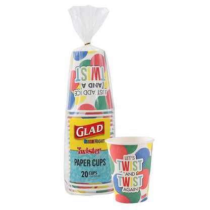 Glad Game Night Twister Disposable Paper Cups - Heavy Duty Drinking Cup for Kids & Adults, Classic Board Games Fun - 12 oz, 20 Count