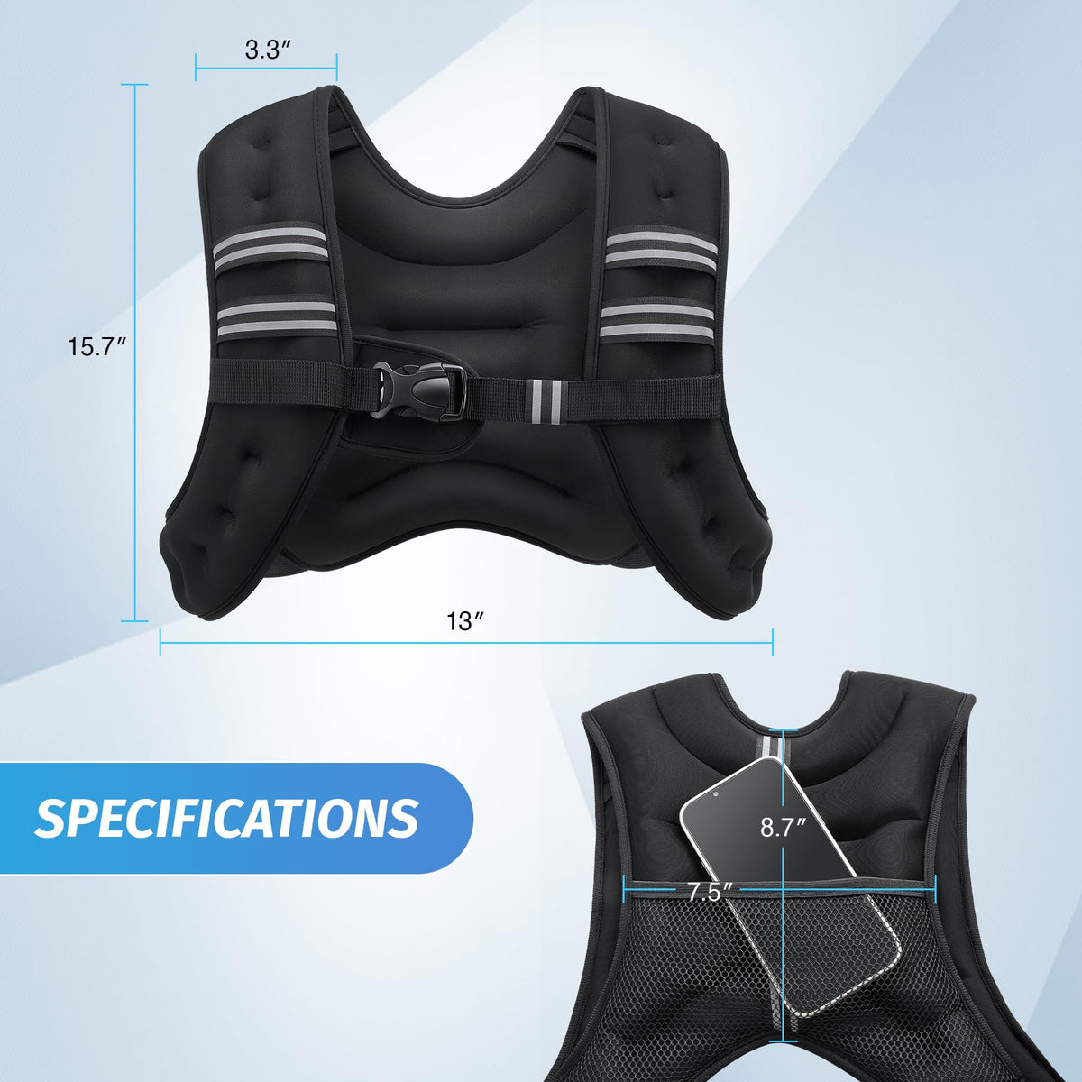 ZELUS Weighted Vest, 6lb/8lb/12lb/16lb/20lb/25lb/30lb Weight Vest with Reflective Stripe for Workout, Strength Training, Running, Fitness, Muscle Building, Weight Loss, Weightlifting, Black(12 lb)