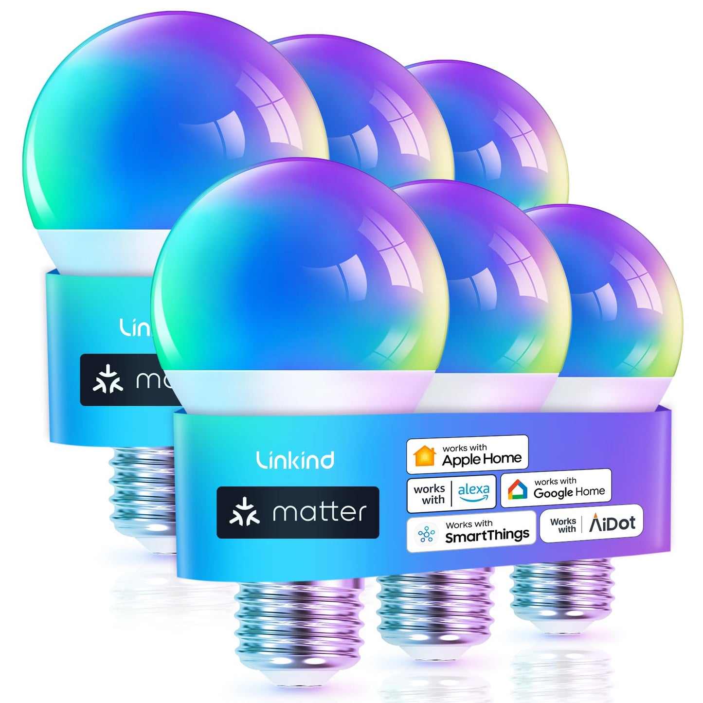 Linkind Matter Smart Light Bulb, WiFi Smart Bulbs, Work with Apple Home, Siri, Alexa, Google Home, SmartThings, RGTBW Color Changing Light Bulbs Mood Light, Music Sync, A19 E26 60W, 2.4Ghz WiFi 6 Pack