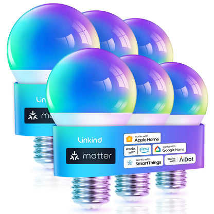 Linkind Matter Smart Light Bulb, WiFi Smart Bulbs, Work with Apple Home, Siri, Alexa, Google Home, SmartThings, RGTBW Color Changing Light Bulbs Mood Light, Music Sync, A19 E26 60W, 2.4Ghz WiFi 6 Pack