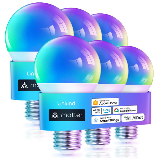 Linkind Matter Smart Light Bulb, WiFi Smart Bulbs, Work with Apple Home, Siri, Alexa, Google Home, SmartThings, RGTBW Color Changing Light Bulbs Mood Light, Music Sync, A19 E26 60W, 2.4Ghz WiFi 6 Pack