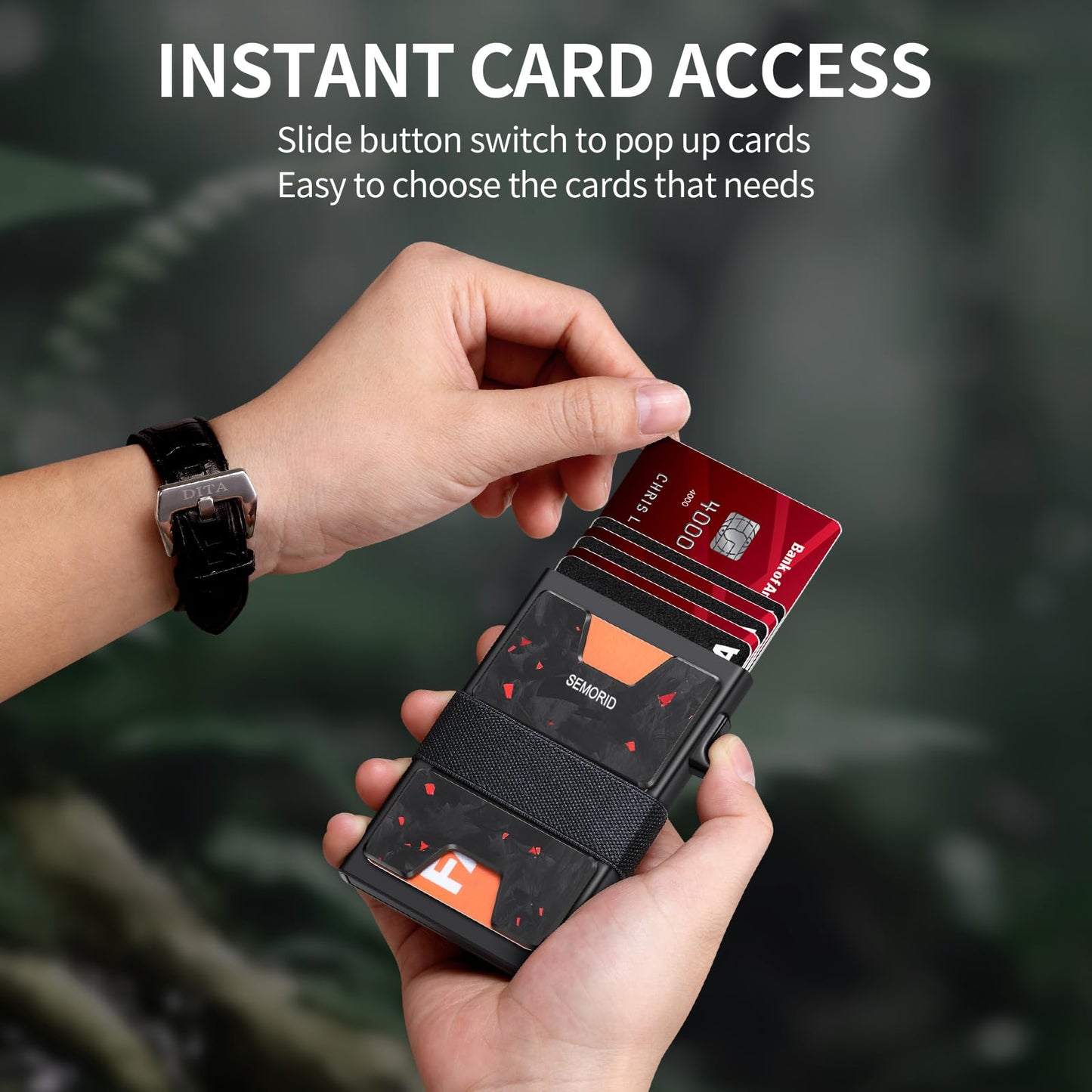 SEMORID Slim Wallet for Men, Minimalist RFID Blocking Mens Card Wallet - Pop Up Credit Card Holder, Thin Metal Case with Cash Band, Hold 12+ Cards