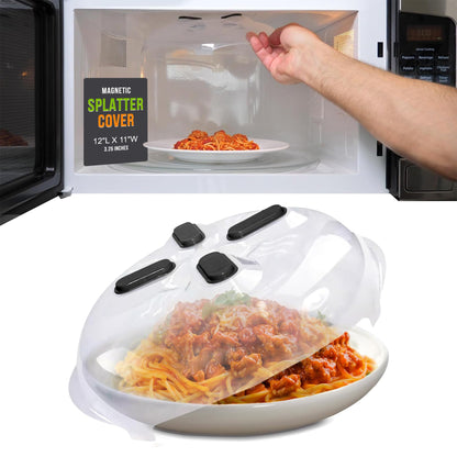 HOVER COVER Magnetic Splatter Cover, 12-Inch Clear BPA-Free Food Lid, Vented Plate Guard with Steam Vents, Anti-Splash Microwave Lid, Dishwasher Safe, Space-Saving Magnetic Storage - Onyx Black