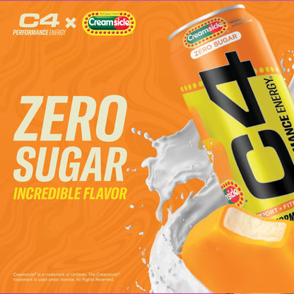 C4 Performance Energy Drink | Zero Sugar Carbonated Preworkout Energy | 200mg Caffeine with Beta Alanine | Orange Creamsicle | 16 Fl Oz (12 Pack)