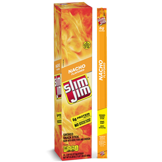 Slim Jim Giant Smoked Meat Sticks, Nacho Flavor, 6g Protein Per Stick, 0.97 oz. (24 Count)