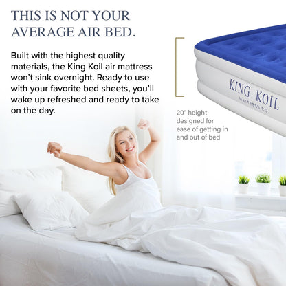 King Koil Luxury Queen Air Mattress with Built-in Pillow & Ultra-Fast Built-in High-Speed Pump, 20″ Inflatable Premium Airbed, Waterproof, Adjustable Firmness, 1-Year Manufacturer Warranty