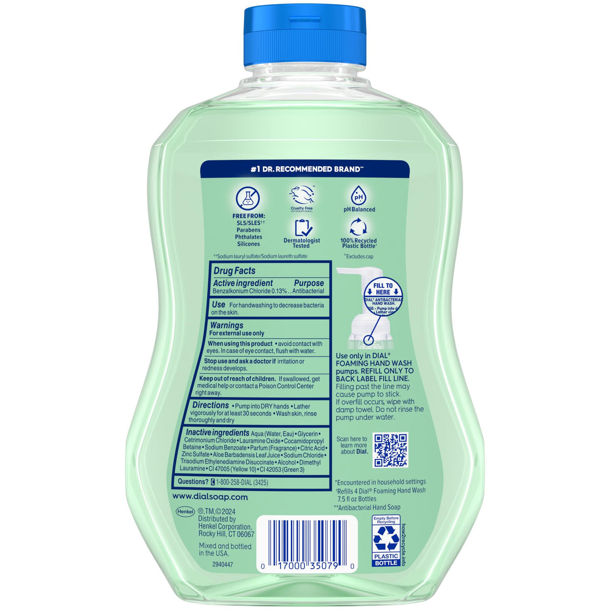 Dial Antibacterial Defense Foaming Hand Soap + Aloe, Fresh Pear Scent, 30 Fl Oz Hand Soap Refill (Pack of 4), Dermatologist-Tested, Gentle on Skin