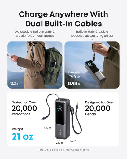 Anker Laptop Power Bank, 25,000mAh Portable Charger with Triple 100W USB-C Ports, Built-in Retractable Cables, Flight-Approved for Travel, iPhone 17/16 Series, MacBook, Samsung, and More