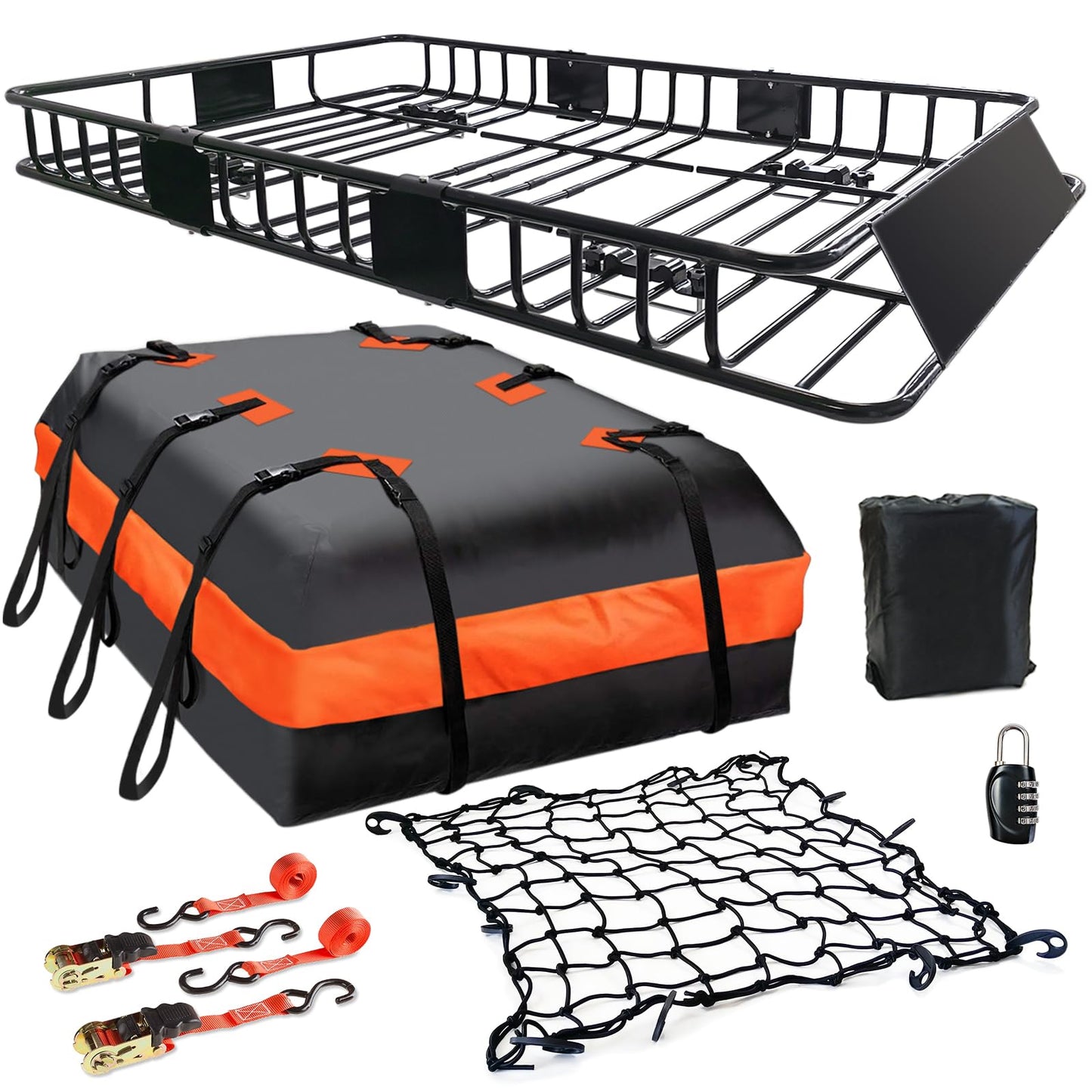 MeeFar Roof Rack Carrier Basket Universal Rooftop 65" X 39" X 6" Large Size Roof Rack + Waterproof Bag 20 Cubic Feet (51" 40" 17"), and Cargo Net with Attachment Hooks, Ratchet Straps