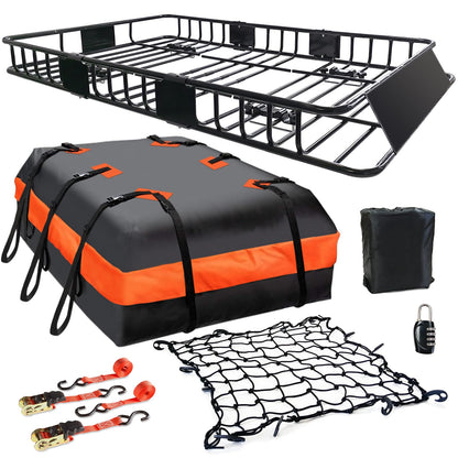 MeeFar Roof Rack Carrier Basket Universal Rooftop 65" X 39" X 6" Large Size Roof Rack + Waterproof Bag 20 Cubic Feet (51" 40" 17"), and Cargo Net with Attachment Hooks, Ratchet Straps