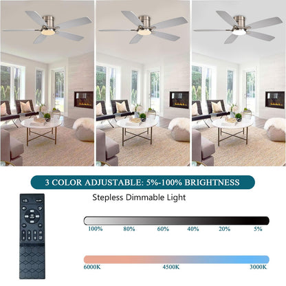 Ayaoty 52 Inch Low Profile Ceiling Fans with Lights and Remote, Flush Mount Modern Ceiling Fan, 3CCT Dimmable DC Ceiling Fan for Bedroom, Living Room, Brushed Nickel
