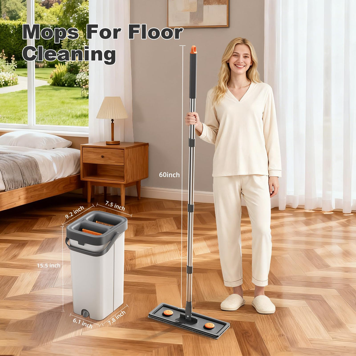 MUEE Mop and Bucket with Wringer Set for Home, Flat Mop and Bucket Set for Floor Cleaning and Window Wall Cleaner, Wet and Dry Mop with Long Handle and 3 Microfiber Pads