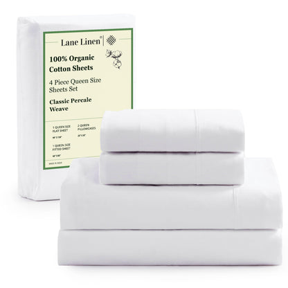LANE LINEN Eco Friendly 100% Organic Cotton Queen Sheet Set, Soft & Comfy Fully Elasticized 15" Deep Pocket Bed Sheets, Low Pill Naturally Cooling Machine Wash Sábanas Queen- White Bed Sheets
