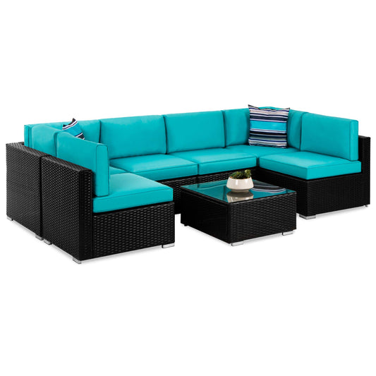 Best Choice Products 7-Piece Modular Outdoor Sectional Wicker Patio Conversation Set w/ 2 Pillows, Coffee Table, Cover Included - Black/Teal