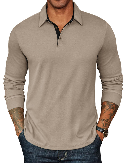 COOFANDY Mens Long Sleeve Polo Shirts Basic Casual Button T-Shirt Lightweight Pullover Shirts Khaki