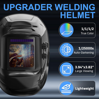 3.94”×3.82” Large Viewing Welding Helmet, True Color Auto Darkening Welding Helmet, Solar/Rechargeable Battery Power Welding Hood With 4 Arc Sensor, Wide Shade 4/5-9/9-13 Welding Mask For TIG MIG ARC