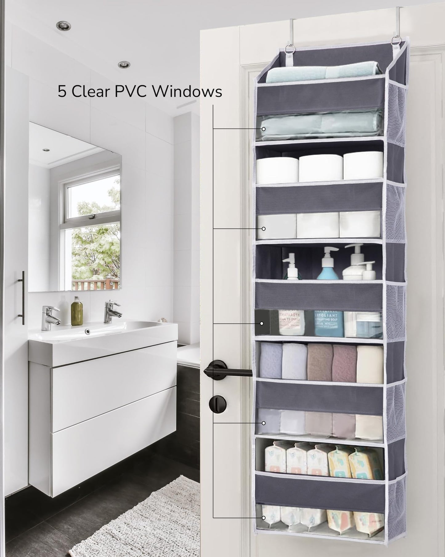 ULG 1 Pack Over Door Organizer with 5 Large Pockets 10 Mesh Side Pockets, 44 lbs Weight Capacity Hanging Storage Organizer with Clear Window Kids Toys, Shoes, Diapers, Dark Grey, 5 Layers