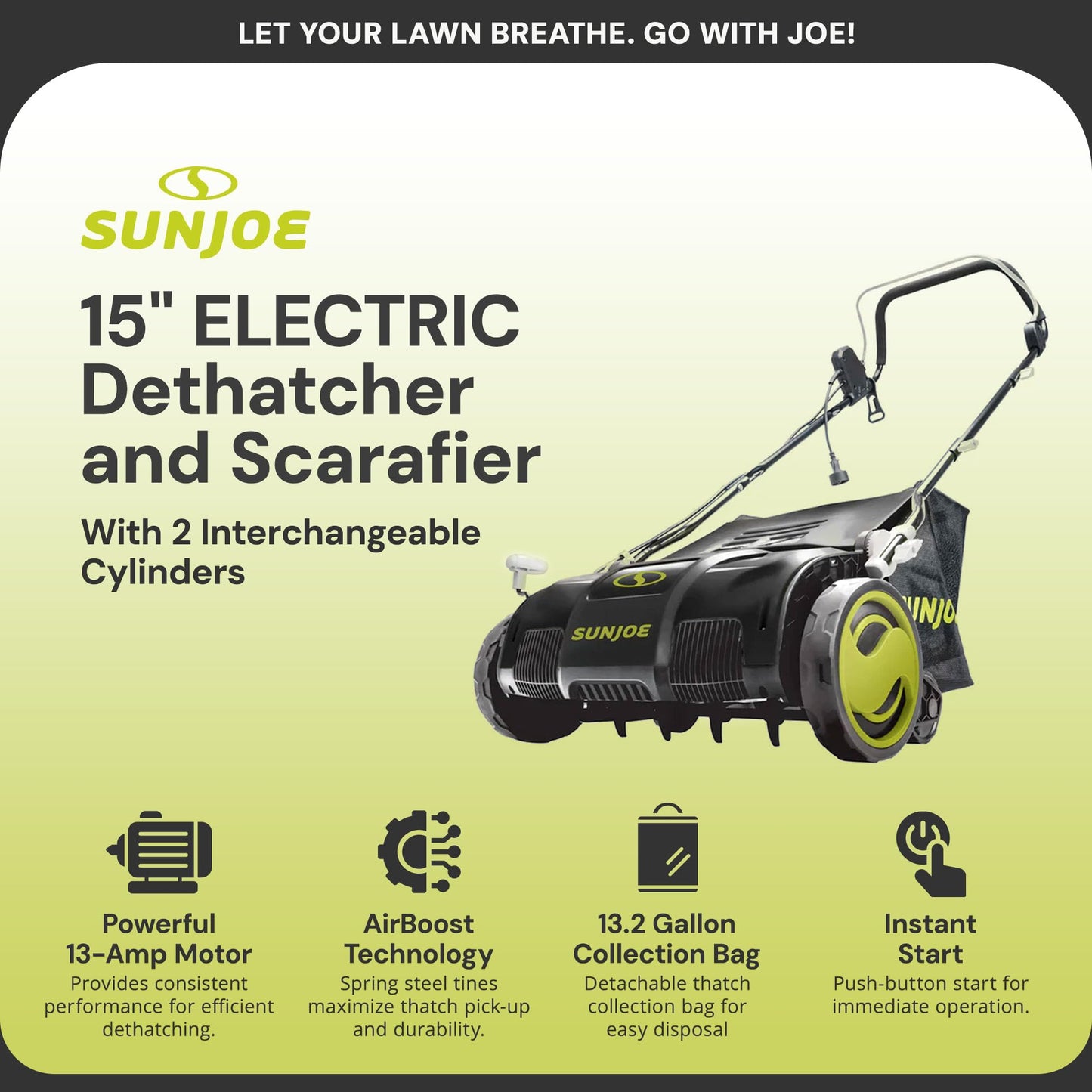 Sun Joe Electric Lawn Dethatcher & Scarifier with 13.2-Gal Bag, 13 Amp, 15 Inch, Black/Green - Heavy Duty Gardening Machine and Equipment for Lawn, Yard, and Grass, AJ805E
