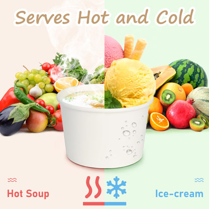 ESSENTIAL Paper Ice Cream Cups, 50pcs 8oz Disposable Dessert Bowls for Hot or Cold Food, Paper Snack Containers for Sundae, Frozen Yogurt, Soup (White)
