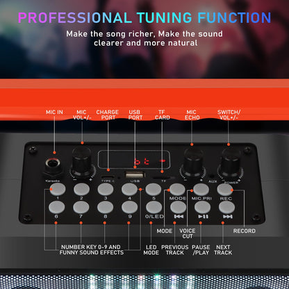 DFTRT Karaoke Machine with Two Wireless Microphones, Portable Bluetooth Speaker with Strobe Lights, Karaoke Machine for Adults & Kids, Karaoke Speaker Supports TF Card/USB, AUX in, FM, REC,TWS