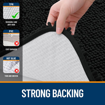OLANLY Black Bathroom Rug 30x20, Extra Soft Absorbent Chenille Bath Rugs, Rubber Backing Quick Dry, Machine Washable Bath Mats for Bathroom Floor, Tub and Shower, Home Decor Accessories