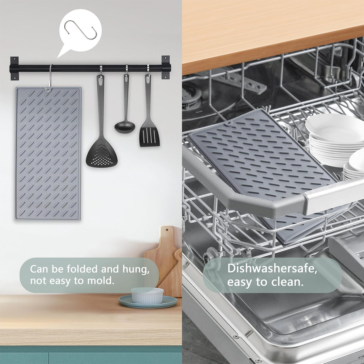 Silicone Dish Drying Mat,Collapsible Tri Fold Drainer Mat,Drying Pad With Hook-BPA Free,Durable Heat,24x16In Drying Mat for Kitchen Counter Easy to Clean(Grey)