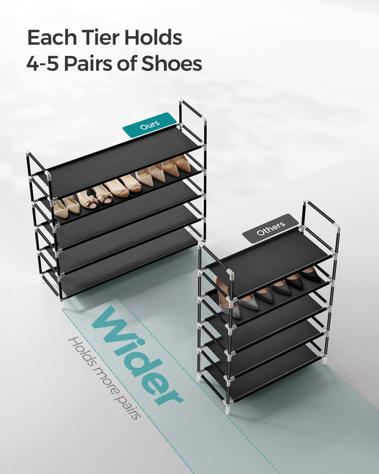 SONGMICS 5-Tier Shoe Rack, Shoe Storage for Hallway Closet, Slim and Space-Saving, Metal Frame, Non-Woven Fabric Shelves, Black ULSH55H