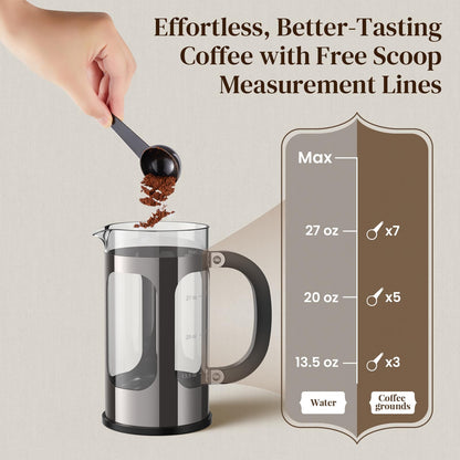Veken French Press Coffee Maker 34oz 1 L, No Plastic Touching Cafe, Heat Resistant Thickened Borosilicate Glass, Stainless Steel Brewer,Cold Brew Cafetera Teapot for Kitchen Travel Camping,Dark Pewter
