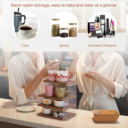 KAOTGOT Coffee Mug Holder Wooden Cup Station Organizer 4-Tier Cup Holder for Coffee Bar Mug Display Rack for Countertop Mug Holder Shelf for Home Kitchen Wood