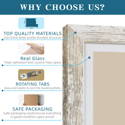 Hongkee 5x7 Picture Frame Set of 4, Made of Real Glass and Distressed White Wooden Frame, 5 by 7 Photo for Wall or Tabletop - Display Picture 4x6 with Mat or 5x7 Without Mat