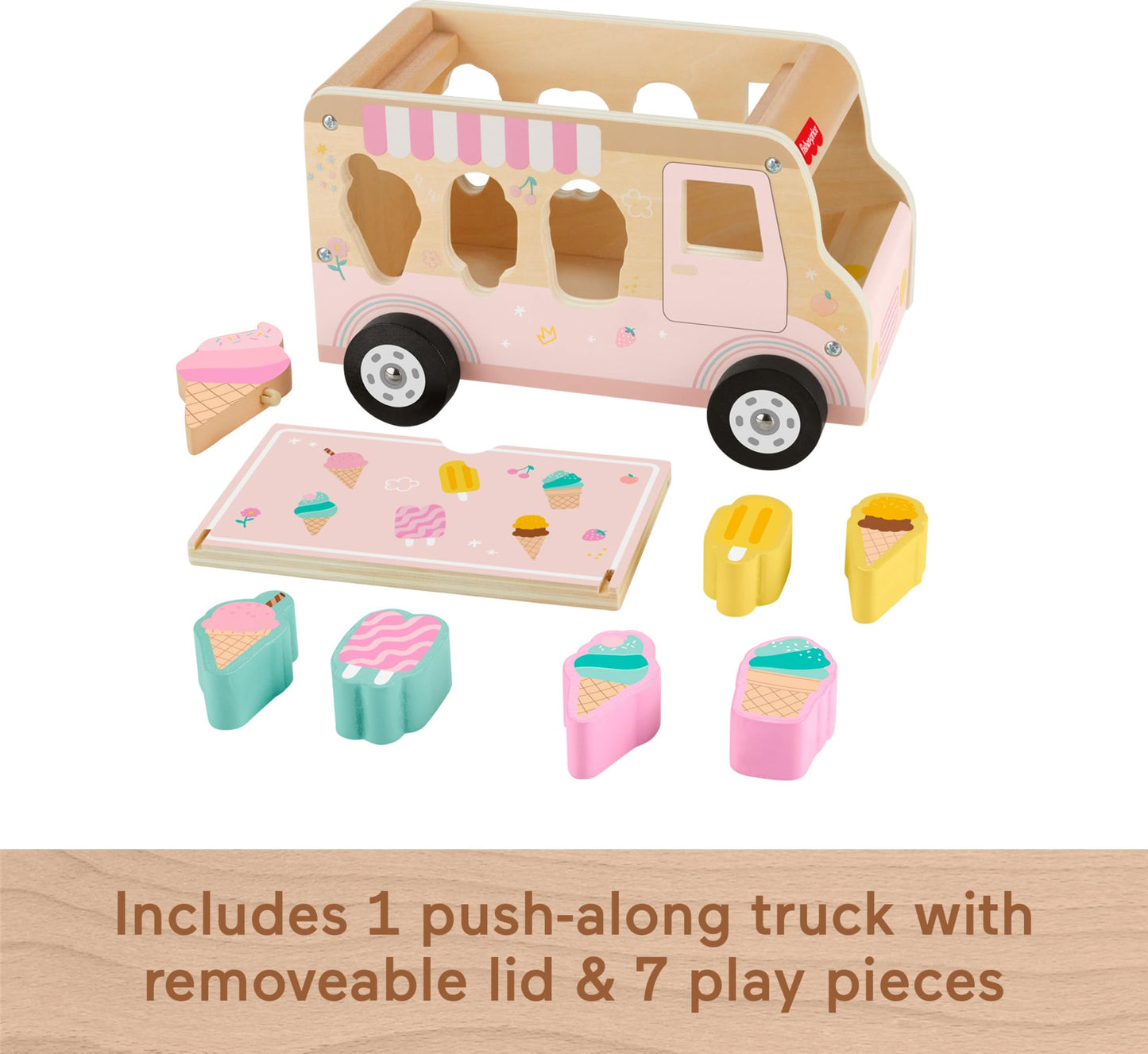 Fisher-Price Wood Toddler Toy Ice Cream Truck Shape Sorter Set, 9 Wooden Pieces for Developmental Play Kids Ages 18+ Months (Amazon Exclusive)